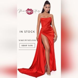 Holly Red Crystallized Corset High Slit Satin Gown